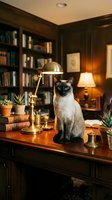 Siamese cat sitting on wooden desk in cozy home library with brass lamp, books, and warm lighting creating scholarly atmosphere for pet lifestyle content.