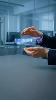 Businessman in dark suit holding glowing holographic loading bar with progress indicator in modern office environment. Digital technology concept for business, innovation, and data processing.