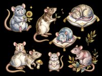 Cute mice collection with flowers and decorative elements, isolated on transparent background. Ready for t-shirt design, clipart, stickers, print-on-demand products, and sublimation projects.