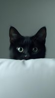 Curious black cat with bright green eyes peering over white bedding against gray background, creating mysterious and playful mood for pet-related designs.