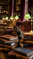 Scholarly tabby cat wearing glasses sits among vintage books in cozy library with green banker lamps and warm lighting creating academic atmosphere.