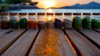 Glass jars filled with colorful spices and herbs lined up on wooden deck railing at sunset, ocean view and mountains silhouette in background, warm sunlight reflection.