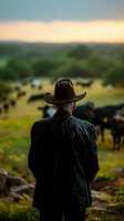 Senior rancher in cowboy hat overlooking cattle herd at sunset on rolling hills, back view perspective captures peaceful rural farming moment.