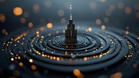 Empire State Building miniature model emerging from rippling dark water surface with golden bokeh lights creating magical circular pattern effect.