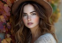 Young Caucasian woman with wavy brown hair wearing knit sweater and brown hat posing outdoors against colorful autumn foliage background for lifestyle portrait.