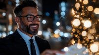 Middle Eastern businessman with glasses and beard smiling confidently against blurred holiday lights and bokeh background, expressing success and leadership.