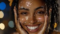 Young African American woman with radiant smile and glowing wet skin against blurred bokeh lights background, expressing joy and natural beauty in beauty and wellness concept.
