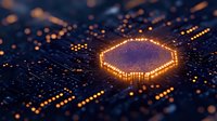 Glowing hexagonal processor core with orange light trails on circuit board background, digital technology concept with bokeh effect and depth of field.