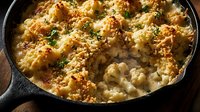 Creamy cauliflower gratin with golden cheese crust and fresh herbs baked in cast iron skillet, comfort food casserole for family dinner and holiday meals.