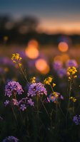 Purple and yellow wildflowers in soft focus with warm bokeh lights during golden hour sunset creating dreamy atmospheric mood for nature photography.