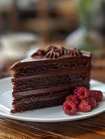 Rich chocolate layer cake slice with dark ganache filling and fresh red raspberries served on white plate, photographed with selective focus on wooden table.