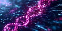 Digital DNA strand visualization in pink and blue with binary code background, representing genetic data analysis and biotechnology advancement in modern science.