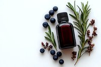 Fresh blueberries scattered around brown glass bottle with rosemary sprigs and dried flowers on white background, flat lay composition for wellness and spa.