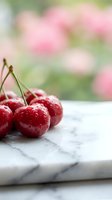 Fresh red cherries with water droplets on marble surface with soft pink blurred background for summer fruit and healthy eating concepts.