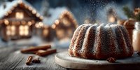 Festive bundt cake dusted with powdered sugar on rustic wooden table with warm Christmas village lights creating cozy holiday baking atmosphere.