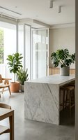 Modern minimalist kitchen interior with marble island and tropical plants creating bright contemporary living space for home design inspiration.