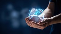 Hands holding glowing holographic gaming controller with digital interface elements floating above palms against dark blue background for technology concepts.
