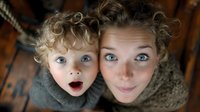 Surprised mother and toddler with curly hair looking up at camera with wide eyes and open mouths expressing shock and amazement in cozy home setting.