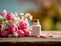 Pink cosmetic bottle with tulips and cherry blossoms on wooden surface. Natural beauty products, skincare routine, spring wellness concept for spa treatments.