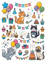Cartoon cats and kittens celebrating with balloons, party hats, gifts, cupcakes and festive bunting on white background. Isolated clipart for invitations, greeting cards and children's designs.