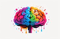 Colorful brain with rainbow paint drips and splashes on white background, creative thinking and imagination concept for psychology and neuroscience designs.