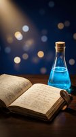 Ancient alchemy book with blue potion bottle on wooden table against magical bokeh lights background for fantasy and science concepts.