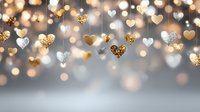 Romantic golden and silver hearts with warm bokeh lights creating dreamy atmosphere for Valentine's Day, wedding, anniversary celebrations and love-themed designs.