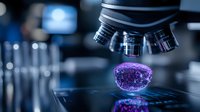 Glowing purple cell under microscope lens in scientific laboratory with blue tones, research concept showing molecular biology and medical examination process.