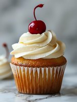 Vanilla cupcake with swirled cream frosting topped with red maraschino cherry for bakery desserts and sweet treats celebration concepts.