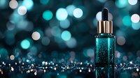 Luxurious turquoise serum dropper bottle with glitter particles on sparkling bokeh background, showcasing premium skincare product for beauty and cosmetic advertising.