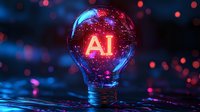 Glowing light bulb with red AI text inside surrounded by digital network connections and bokeh lights on dark blue background, futuristic technology concept.