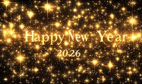 Golden Happy New Year 2026 text on dark background with glowing stars and sparkles, festive holiday celebration greeting card design with shimmering lights.