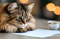 Fluffy long-haired tabby cat with striking green eyes lying near blank paper and coffee cup against warm bokeh background, creating cozy home office atmosphere.