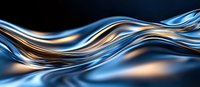 Flowing metallic waves in blue and copper colors create dynamic abstract background with smooth glossy curves and light reflections on dark surface.