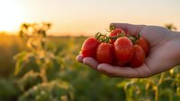 Fresh ripe red tomatoes in farmer's hand at sunset in organic vegetable garden. Agricultural harvest concept for healthy eating and farm produce.