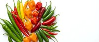 Colorful assortment of fresh hot chili peppers in various shapes and colors including red, green, yellow and orange varieties isolated on white background.