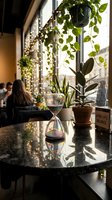 Hourglass timer on marble table in trendy plant-filled cafe with hanging greenery and warm lighting creating cozy atmosphere for productivity and relaxation.