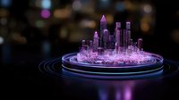 Futuristic glowing purple cityscape hologram on circular platform with neon rings against dark background, showcasing modern urban architecture and technology.