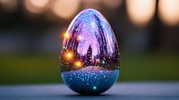 Magical glowing egg with cityscape reflection and sparkling lights creates dreamy atmosphere against blurred background. Fantasy concept for Easter season.