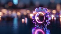 Glowing neon gear wheel with purple and blue light effects on dark reflective surface against blurred bokeh background, symbolizing industrial technology innovation.