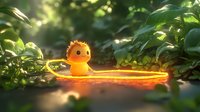Glowing yellow duckling character in enchanted forest setting with magical light trail and green foliage, digital art style for children's book illustration.