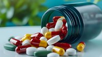 Colorful pharmaceutical capsules and pills spilling from prescription bottle on blue background, medical and healthcare concept for pharmacy advertising.