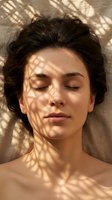 Peaceful young woman with closed eyes lying in natural sunlight with shadow patterns across her face creating artistic light and shadow effects for wellness concepts.