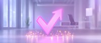 Glowing pink checkmark with upward arrow in modern office space, symbolizing success and growth for business presentations.