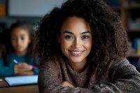 Young African American woman with natural curly hair smiling warmly at camera while studying or working in library or cafe setting, wearing cozy brown sweater.