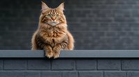 Majestic Maine Coon cat with long brown fur sitting on gray wall ledge against dark background, displaying regal pose and distinctive facial features. Pet photography.