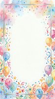 Watercolor party frame with colorful balloons, confetti, and streamers surrounding a white center space for text or photos.