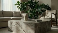 Modern living room interior with natural wood coffee table, green houseplants, neutral sofa and warm lighting creating cozy scandinavian home decor atmosphere.