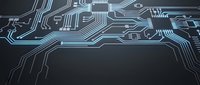 Circuit board pattern with glowing blue traces on dark background for technology and electronics design projects.