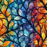 Vibrant multicolored leaves pattern with gradient colors from blue to orange, featuring detailed leaf veins and overlapping foliage in stained glass style. Seamless repeat design.